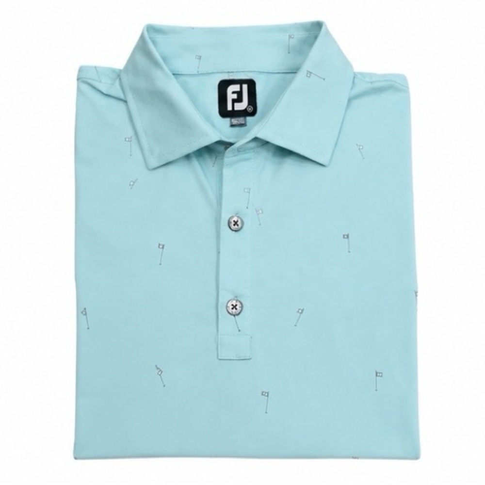 FootJoy Performance Golf Polo Mens Aqua Blue Golf Flag Print Broad Bay CC